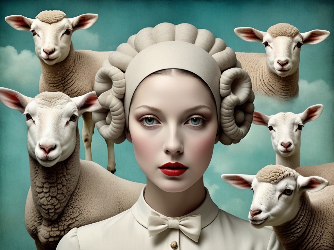 Surreal Composition of Woman Surrounded by Sheep