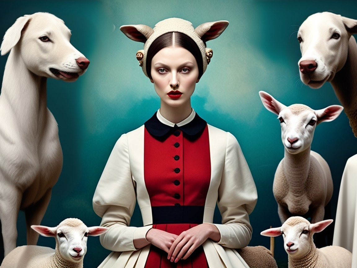 Surreal Portrait of Woman in Vintage Gown with Animals