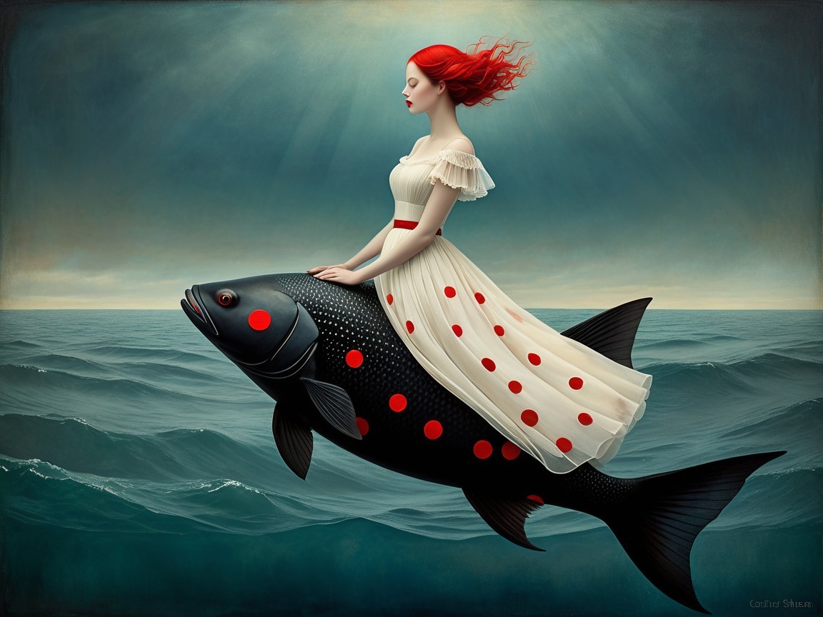 Surreal Scene of Woman on Fish in Tranquil Ocean