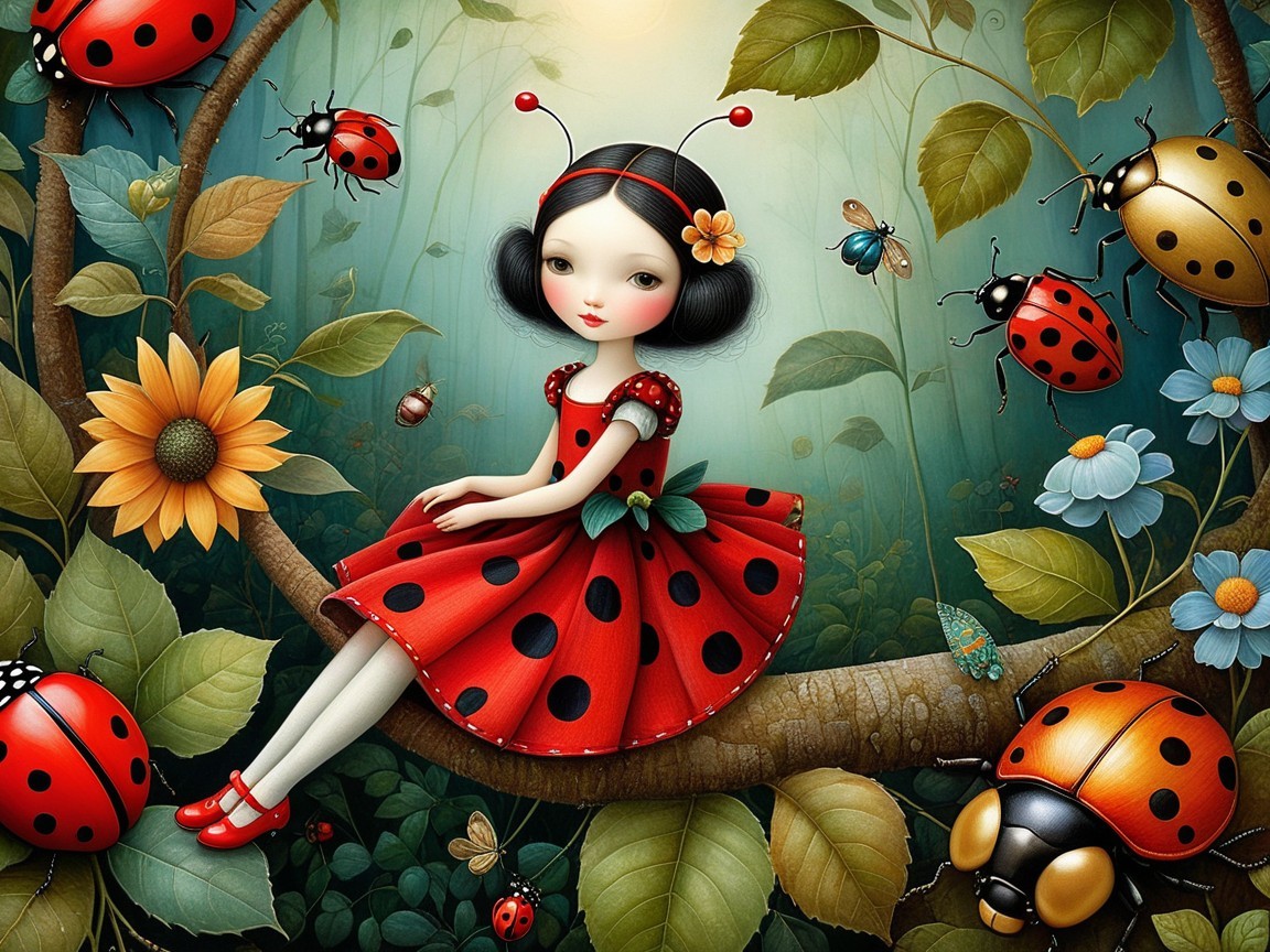 Whimsical Forest Scene with Ladybug-Inspired Girl