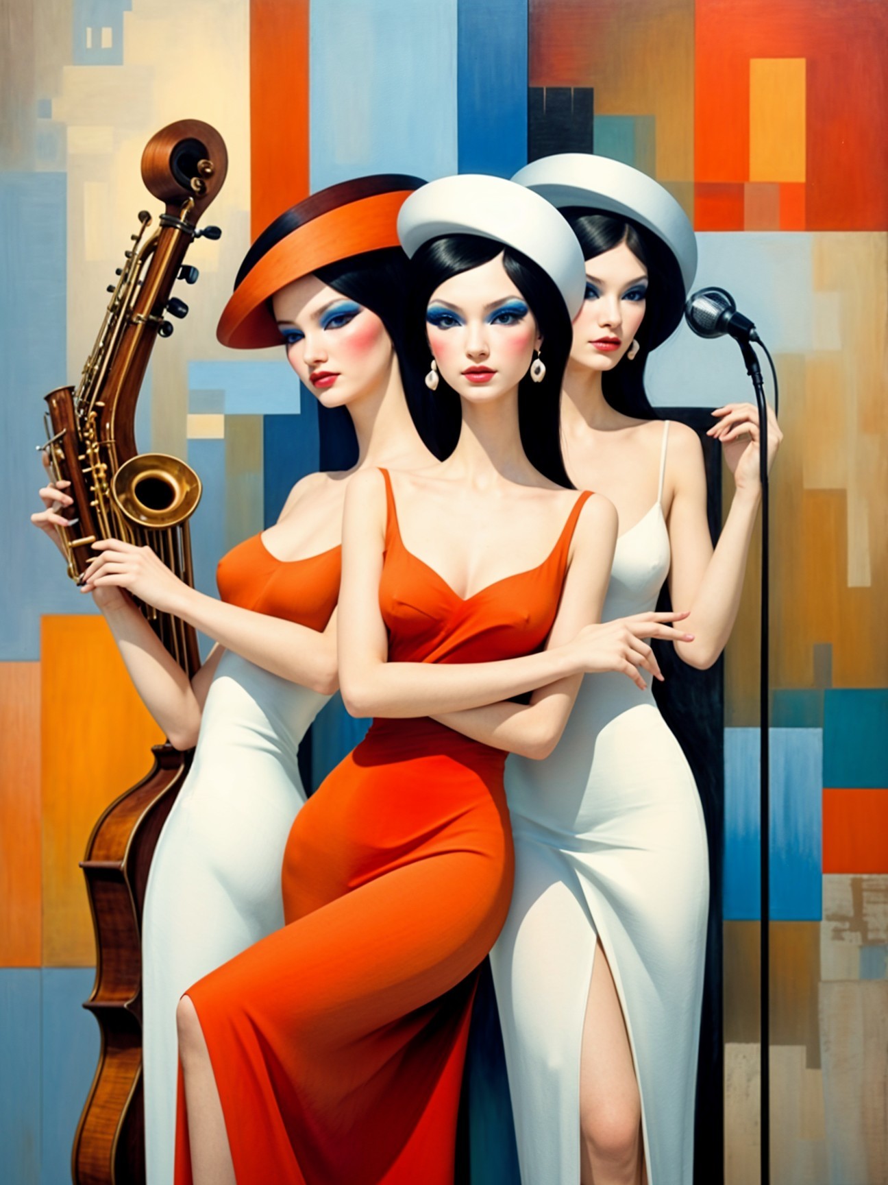 Stylized Women in Elegant Gowns with Musical Elements