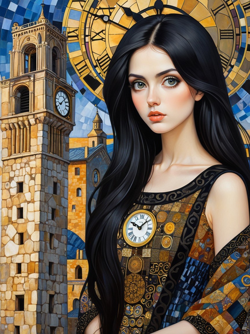 Portrait of a Young Woman in Ornate Gown with Clock Tower