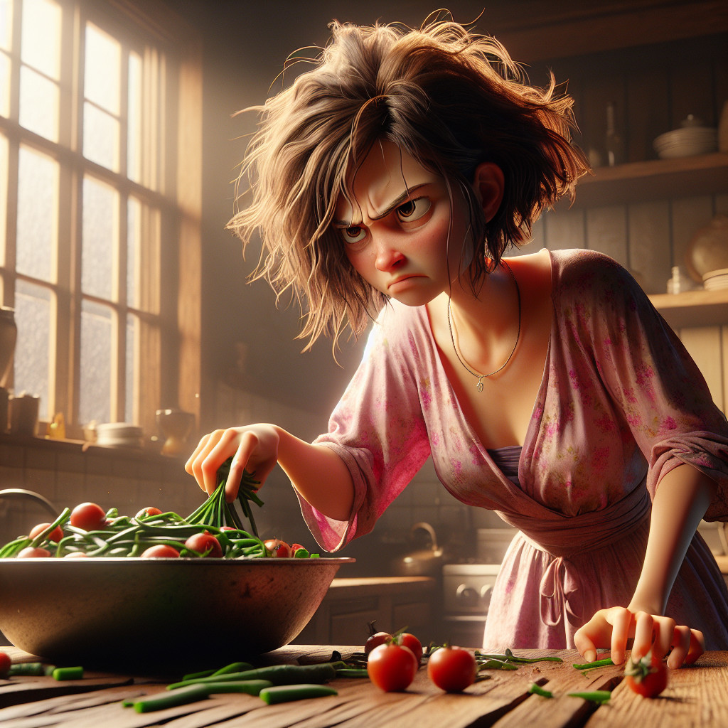 Young woman cooking in a cozy kitchen with vegetables