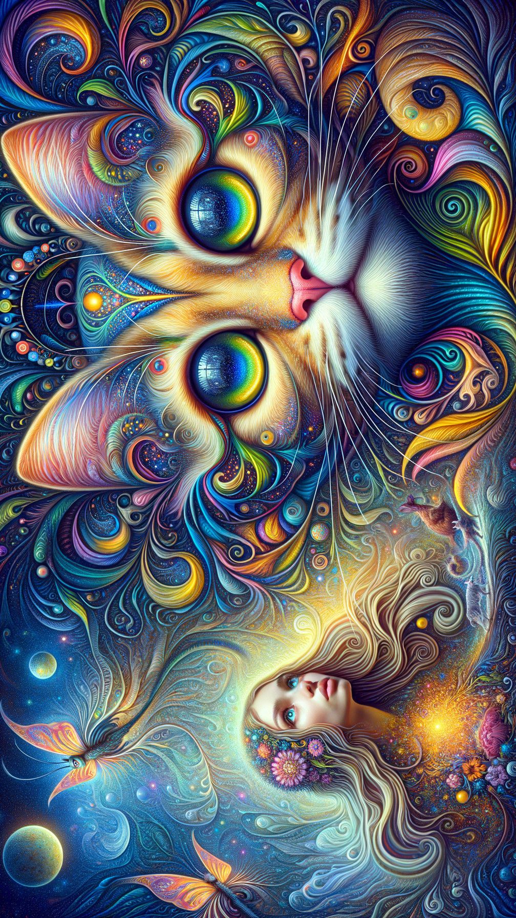 Vibrant Cat Face and Ethereal Woman in Cosmic Art