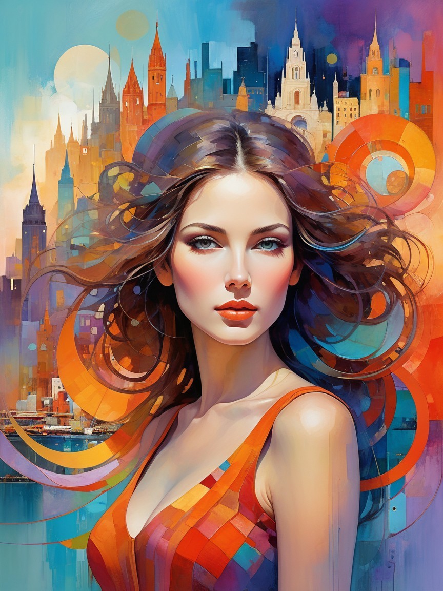 Woman with Flowing Hair in Abstract Cityscape Art
