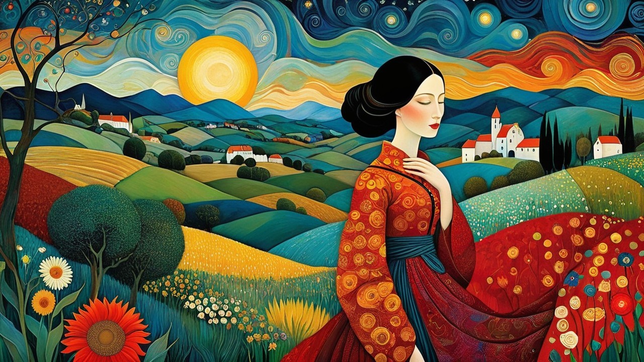 Serene Woman in Red Kimono Amidst Scenic Landscape