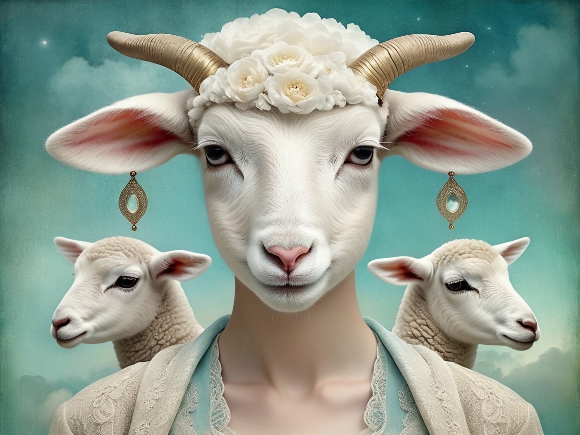 Surreal Sheep with Human Face and Floral Accents