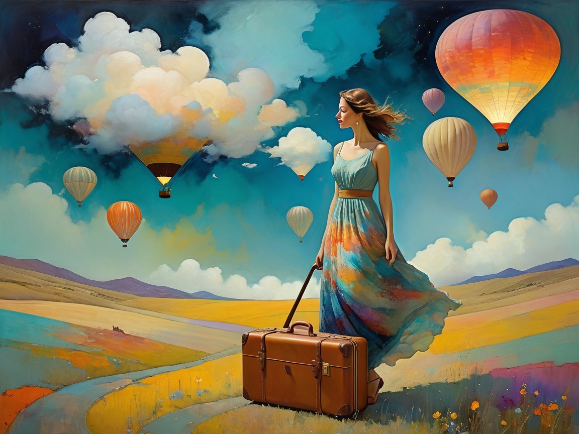 Woman in Colorful Dress on Path with Hot Air Balloons