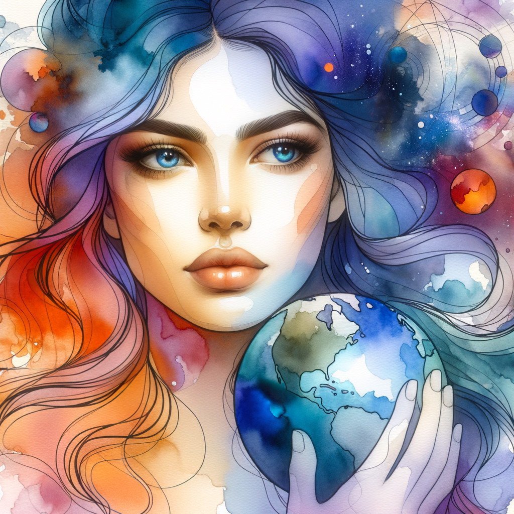 Serene woman with colorful globe in cosmic background