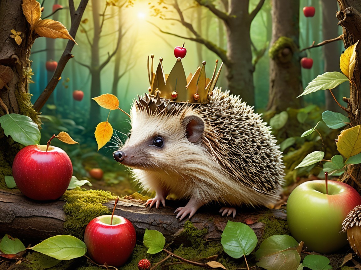 Hedgehog with Crown in Enchanted Forest Setting