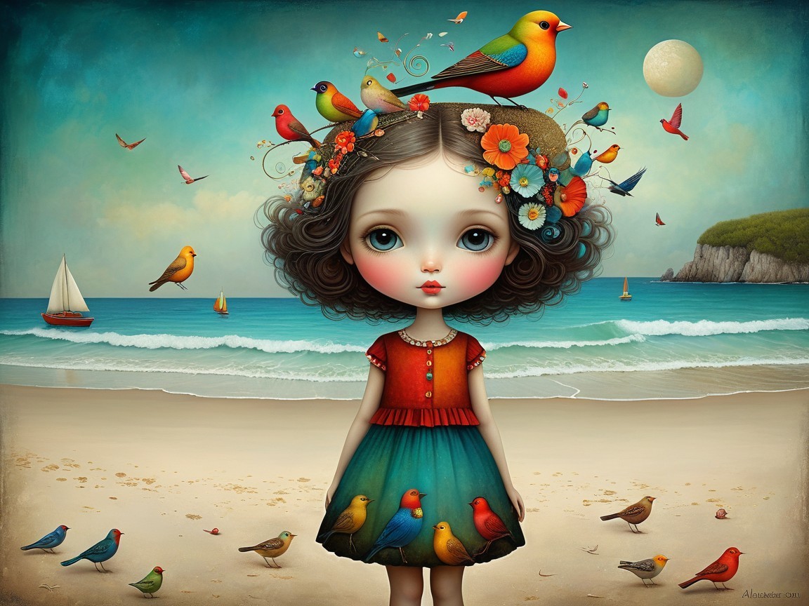 Whimsical Beach Scene with Colorful Elements