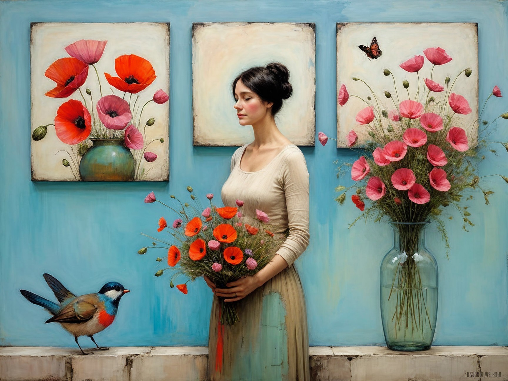 Serene Woman with Vibrant Flowers and Artworks