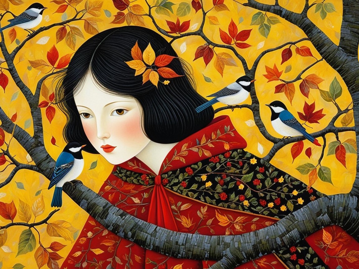 Young woman in red cloak among autumn leaves and birds