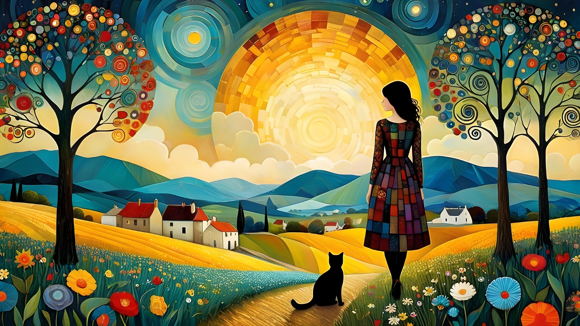 Silhouette of a Woman in Colorful Landscape at Sunset