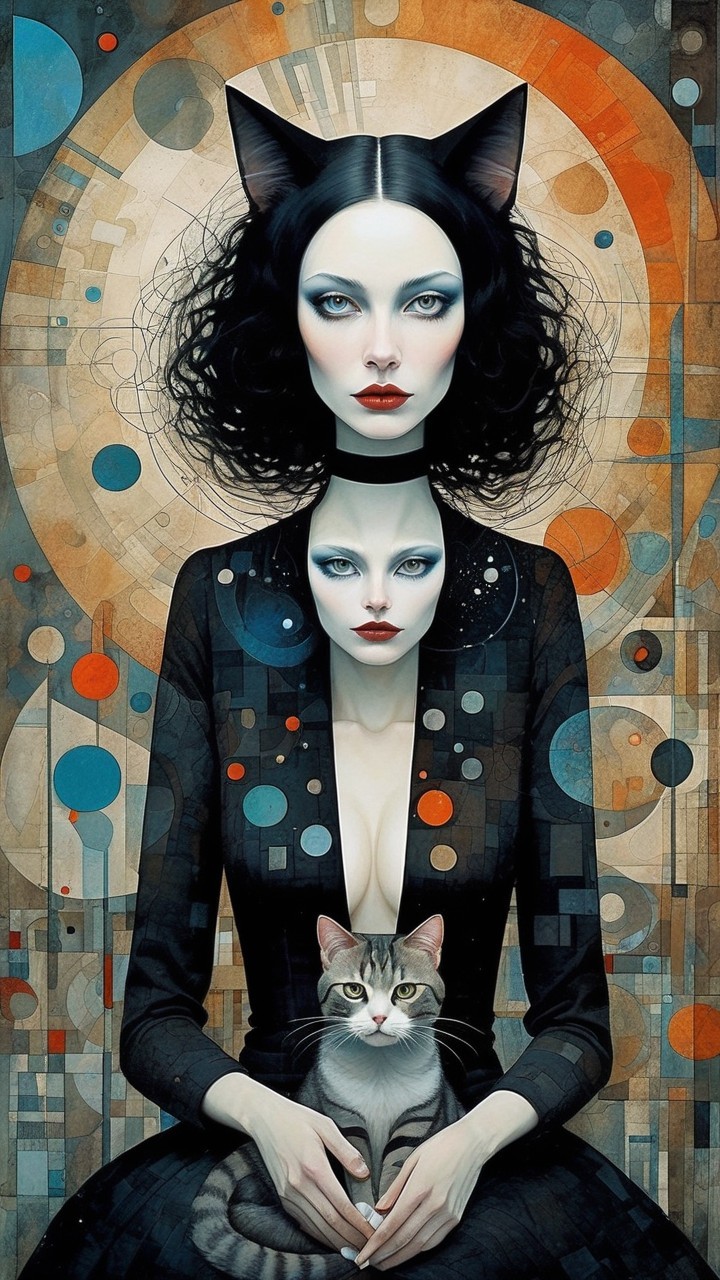 Surreal Artwork of Cat-Like Figures with Geometric Patterns