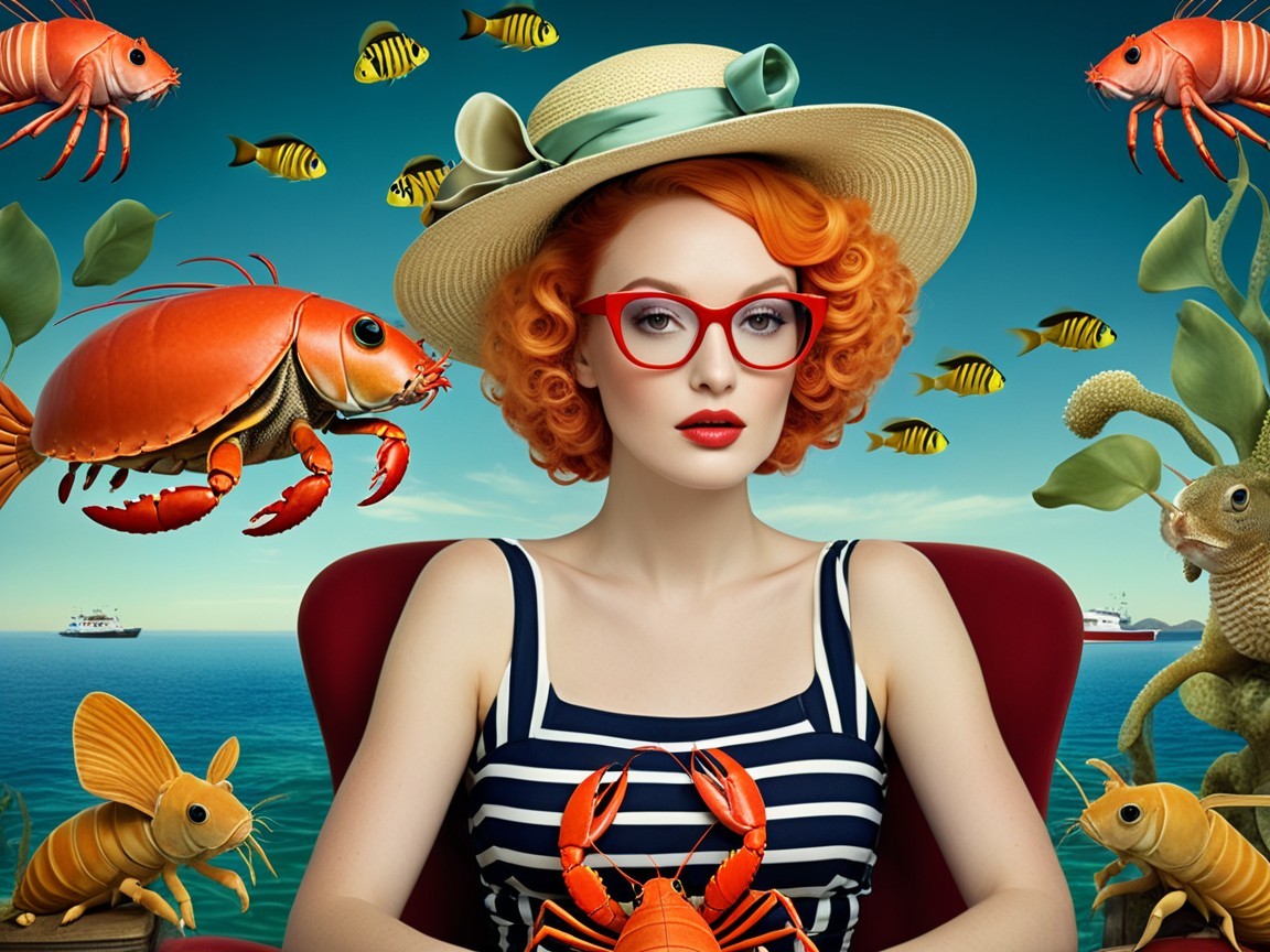 Glamorous Woman in Striped Swimsuit Underwater Scene