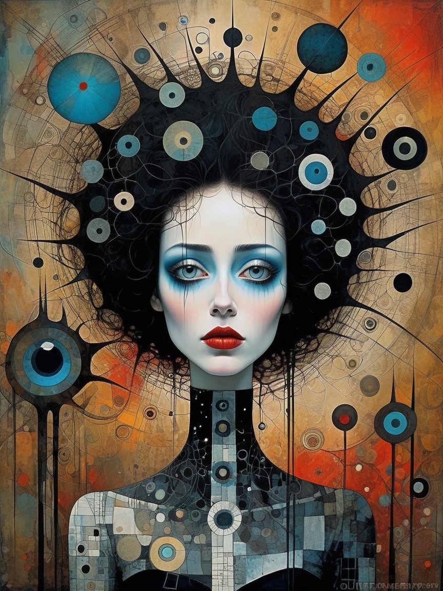 Stylized Female Figure with Bold Features and Patterns