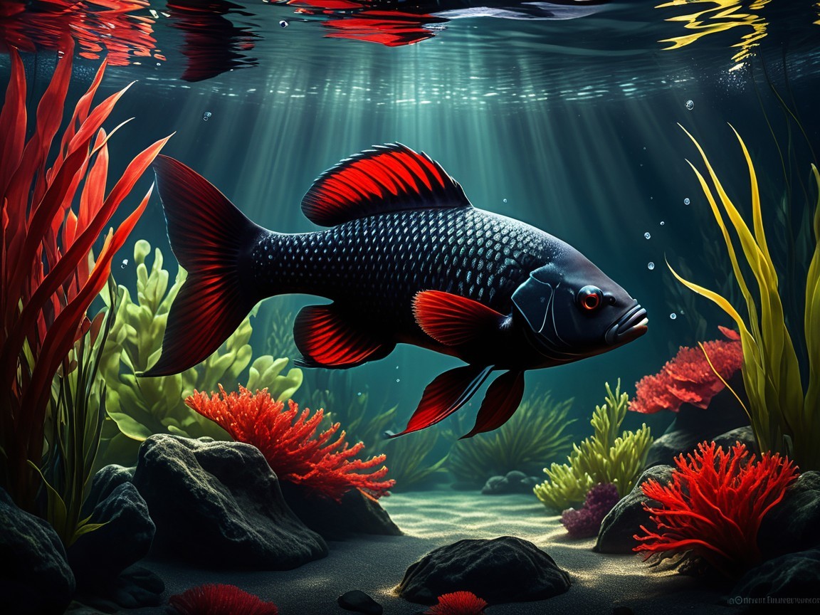 Majestic fish with red fins in vibrant coral reef