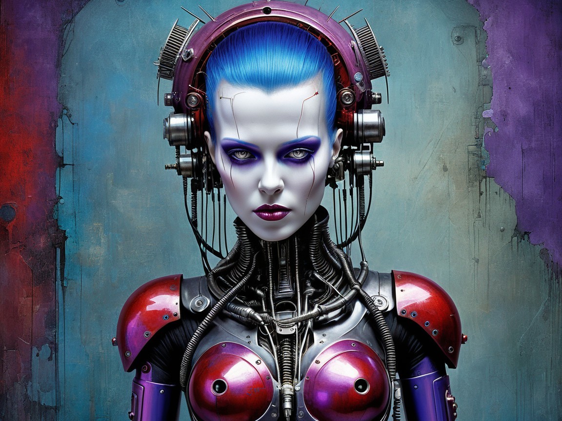 Futuristic humanoid robot with blue hair and metallic design