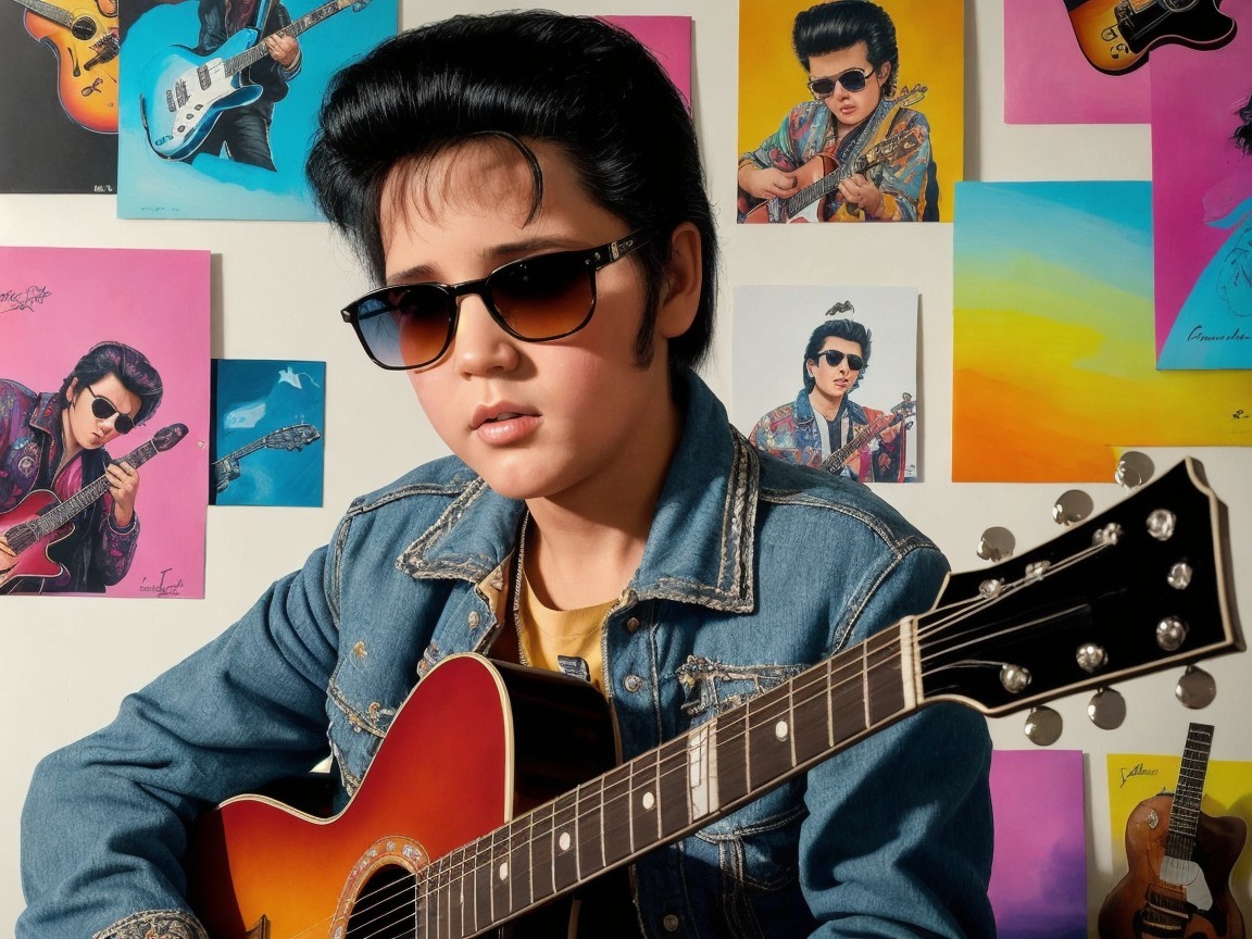 Young Boy with Guitar Against Vibrant Rock Mural