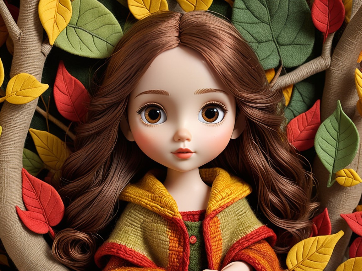 Charming Doll Surrounded by Vibrant Autumn Leaves