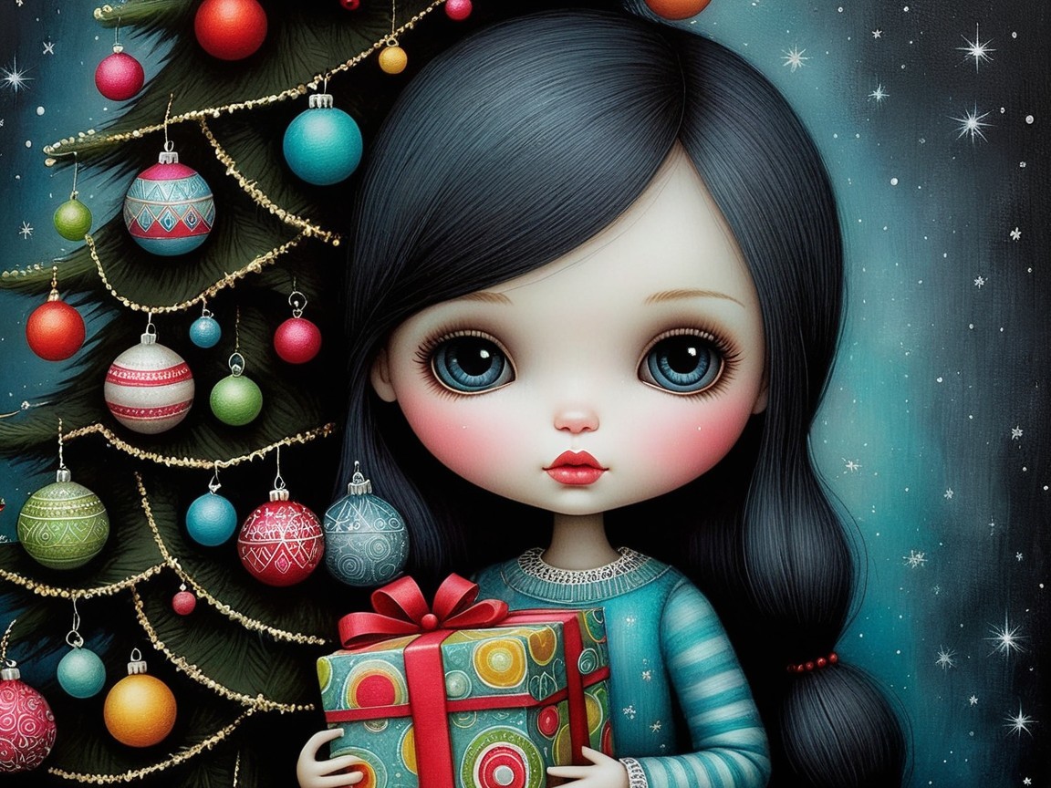 Whimsical Doll-like Girl by a Decorated Christmas Tree