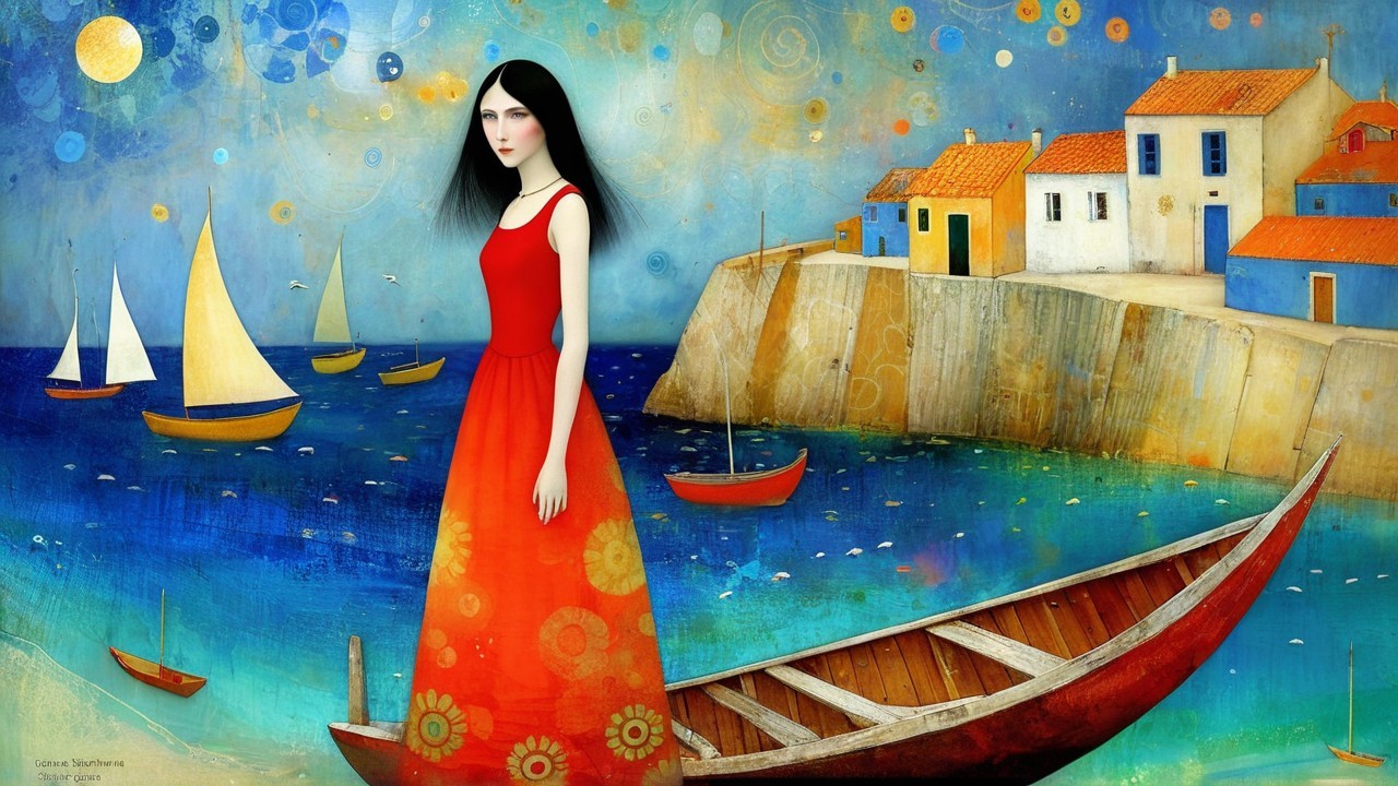Coastal Scene with Woman in Red Dress and Boats