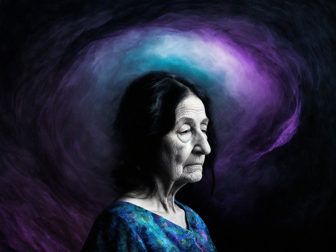 Elderly Woman with Serene Expression in Dreamlike Setting