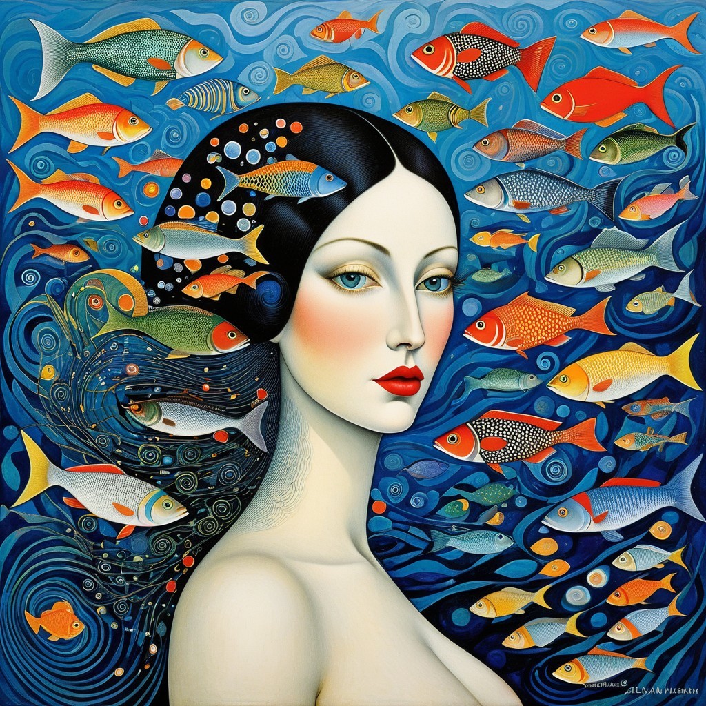 Serene Woman Surrounded by Colorful Underwater Life