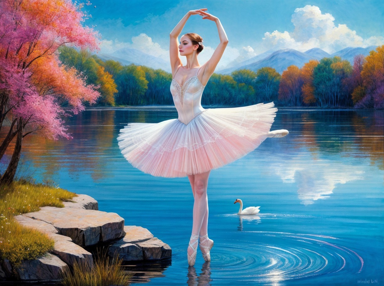 Ballerina in Tutu Poses by Serene Autumn Lake