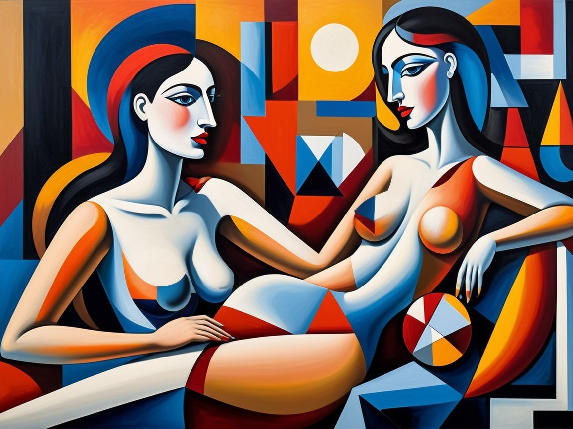 Stylized Figures in Vibrant Colors and Geometric Background