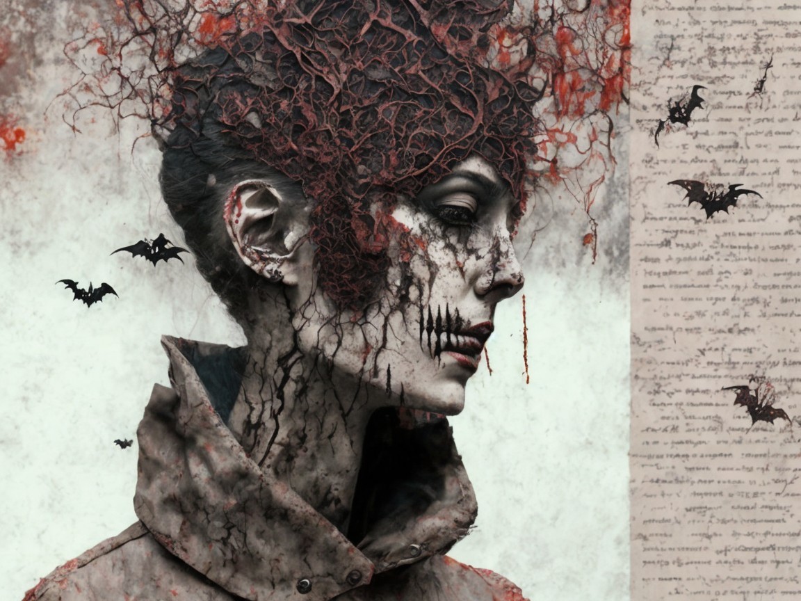 Surreal Portrait with Dark Roots and Eerie Expression