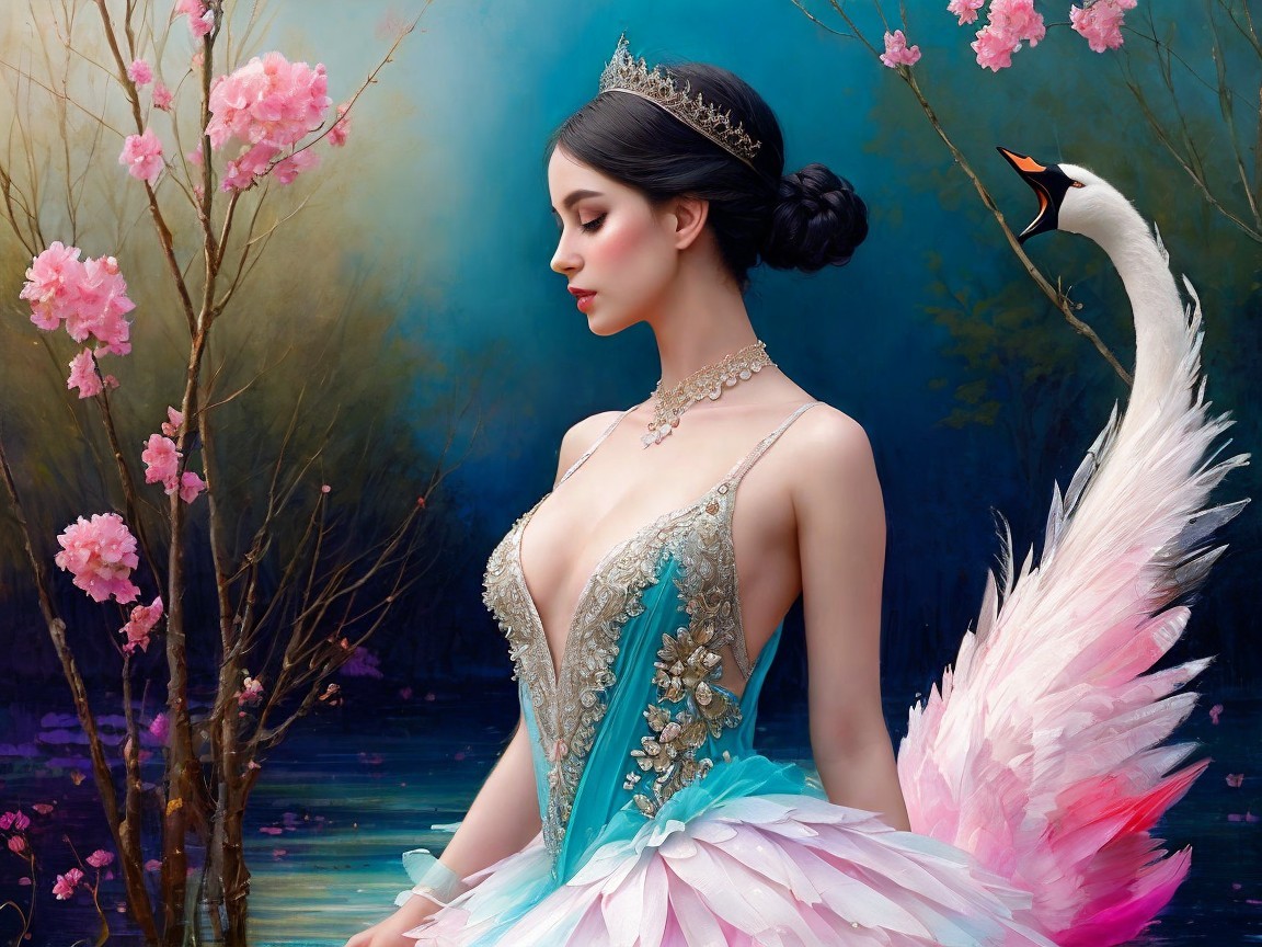 Graceful figure in pastel gown with floral details