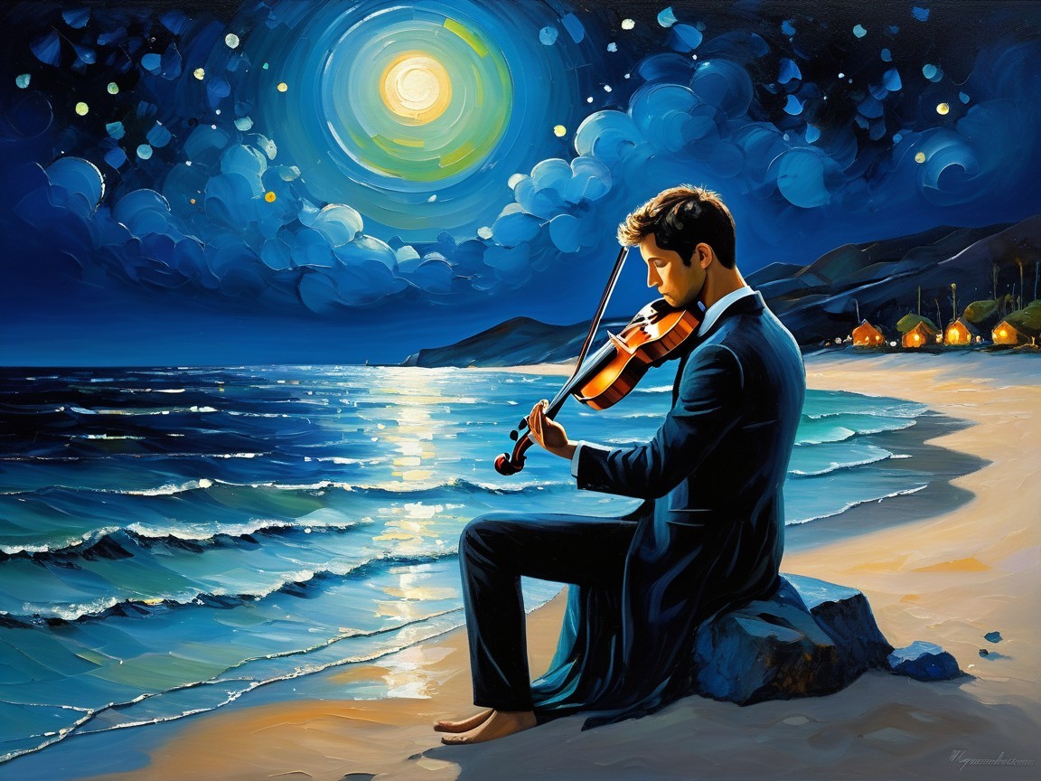 Young Man Playing Violin on Serene Beach at Night
