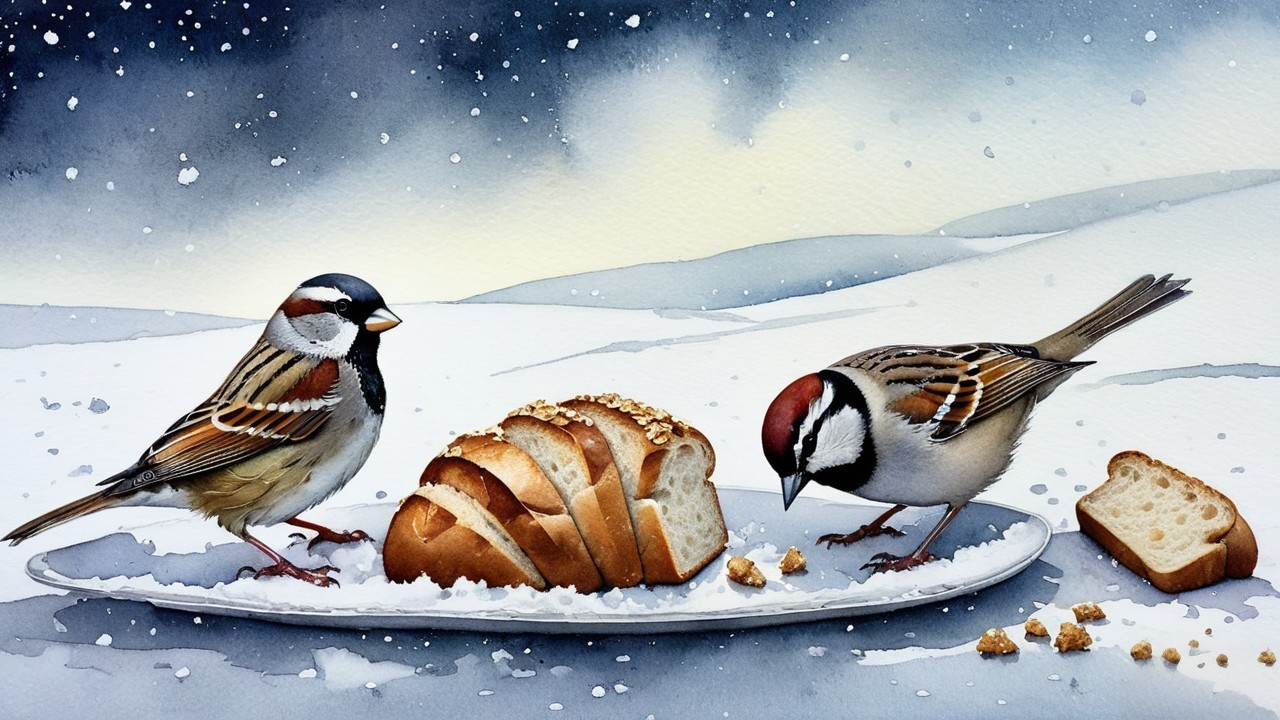 Sparrows Foraging on Bread in a Snowy Landscape