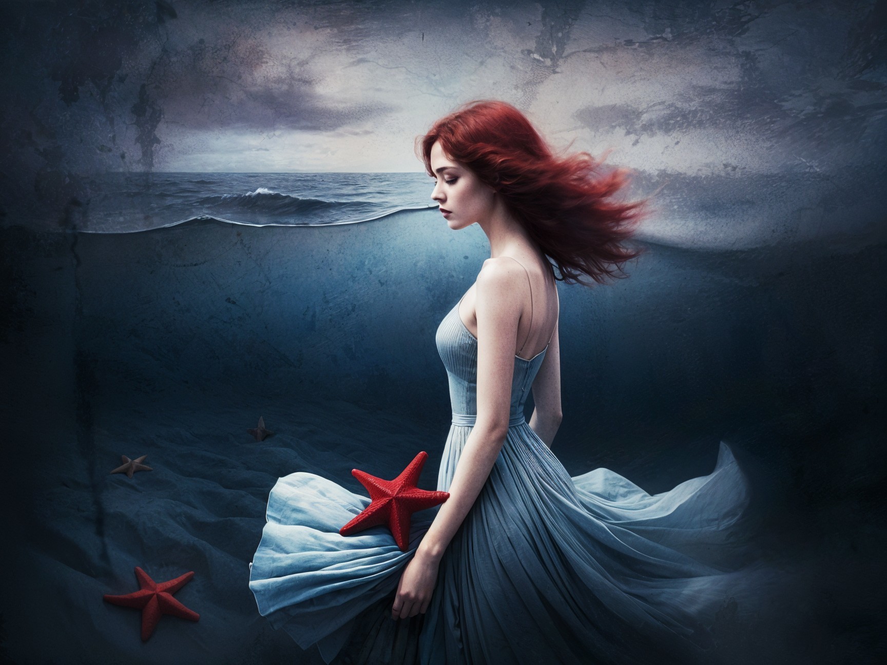 Young Woman in Pale Blue Gown Underwater Scene