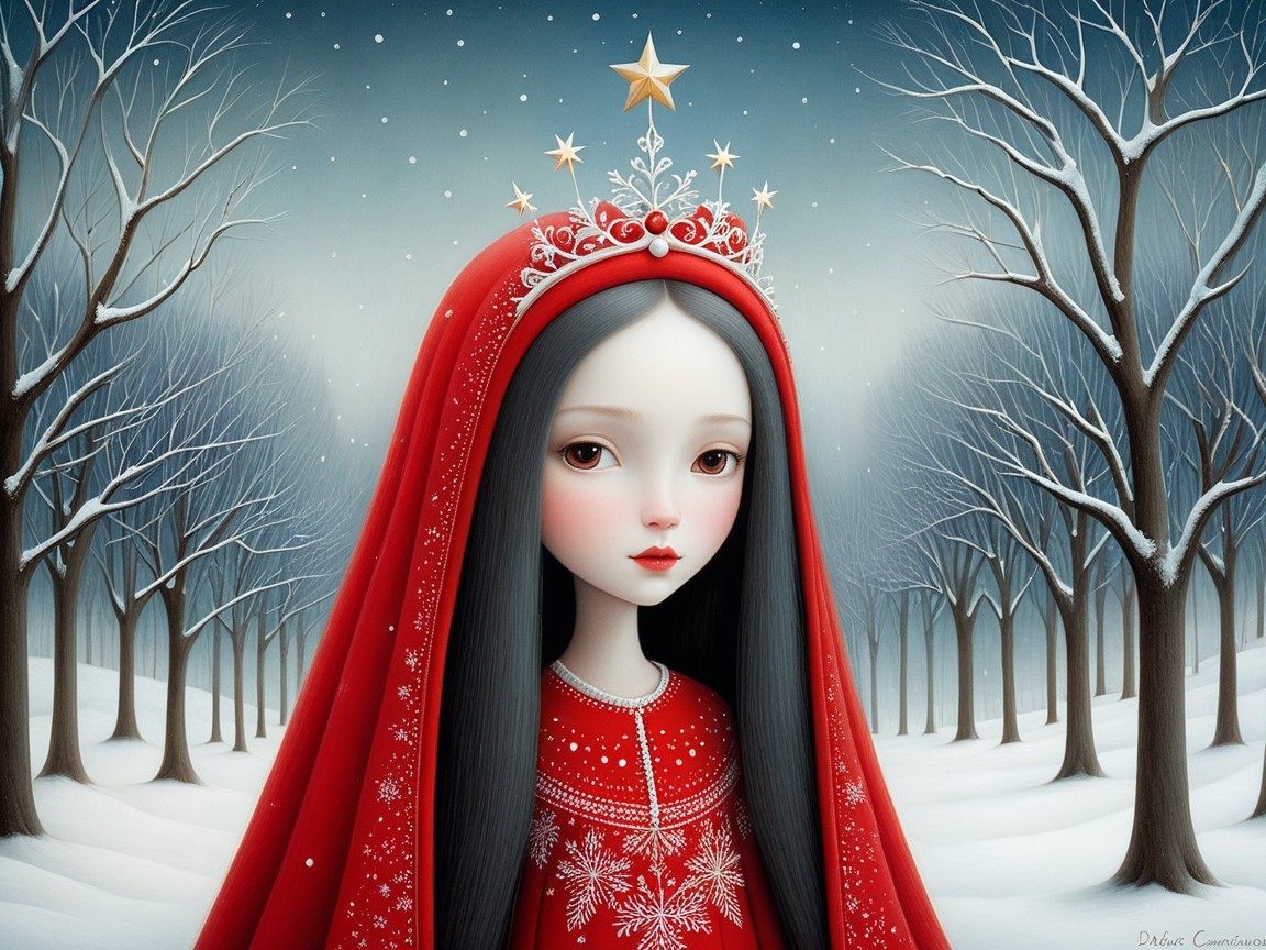 Girl in Red Gown in Serene Snowy Landscape