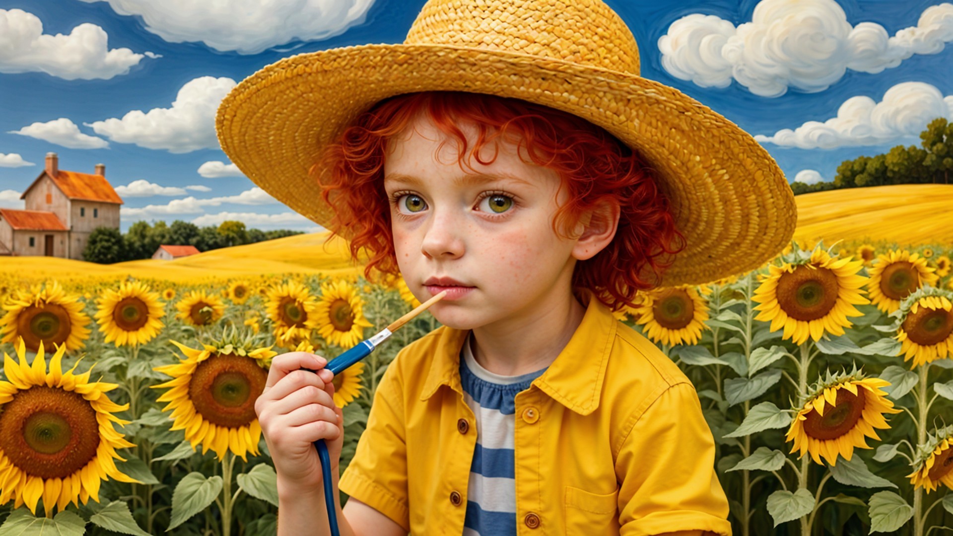 Child with Red Curls in Sunflower Field Scene