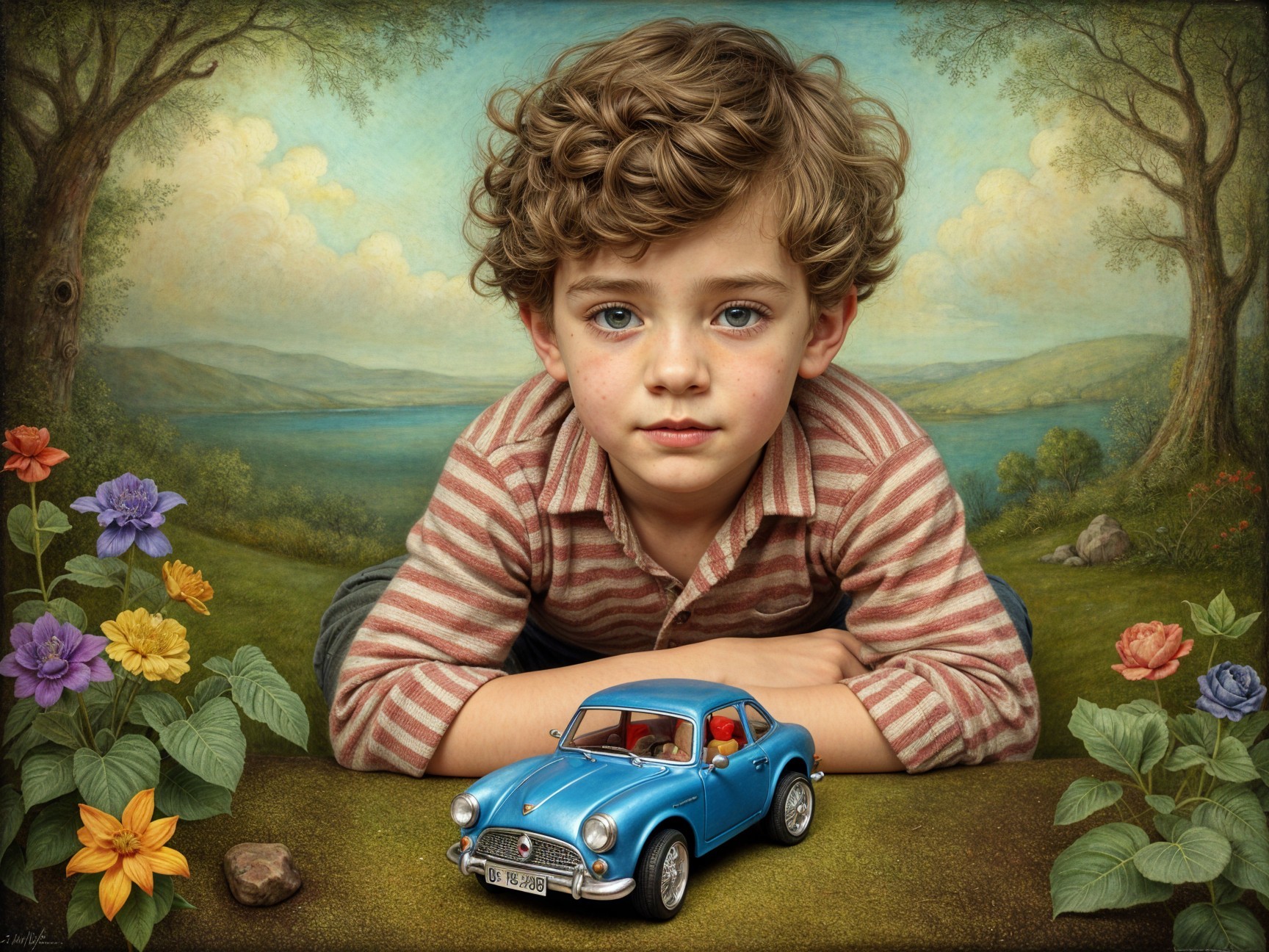Thoughtful Boy with Toy Car in Serene Landscape