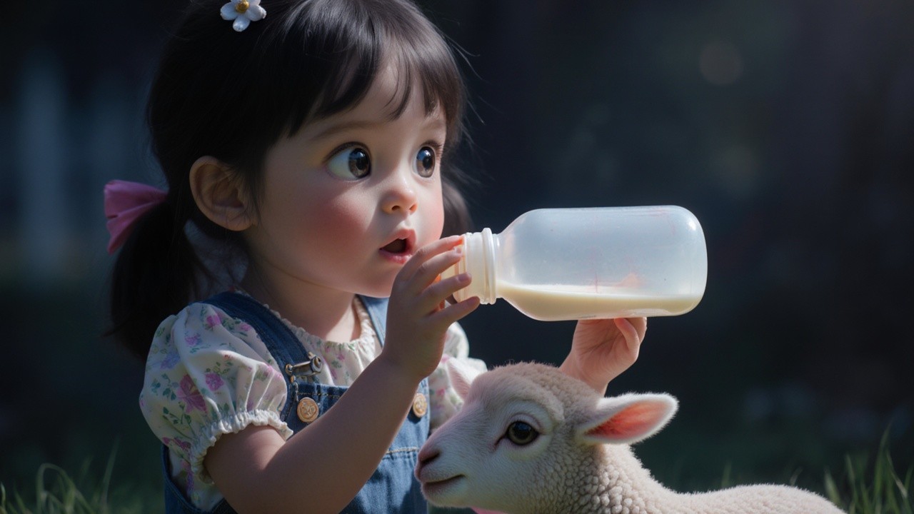 Young girl with bottle and lamb in sunny setting