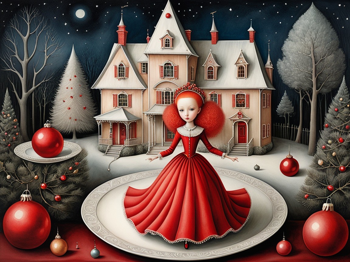 Whimsical Winter Scene with Doll and Mansion Decor