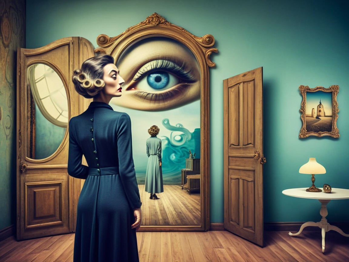 Elegant Woman Before Ornate Mirror in Surreal Setting