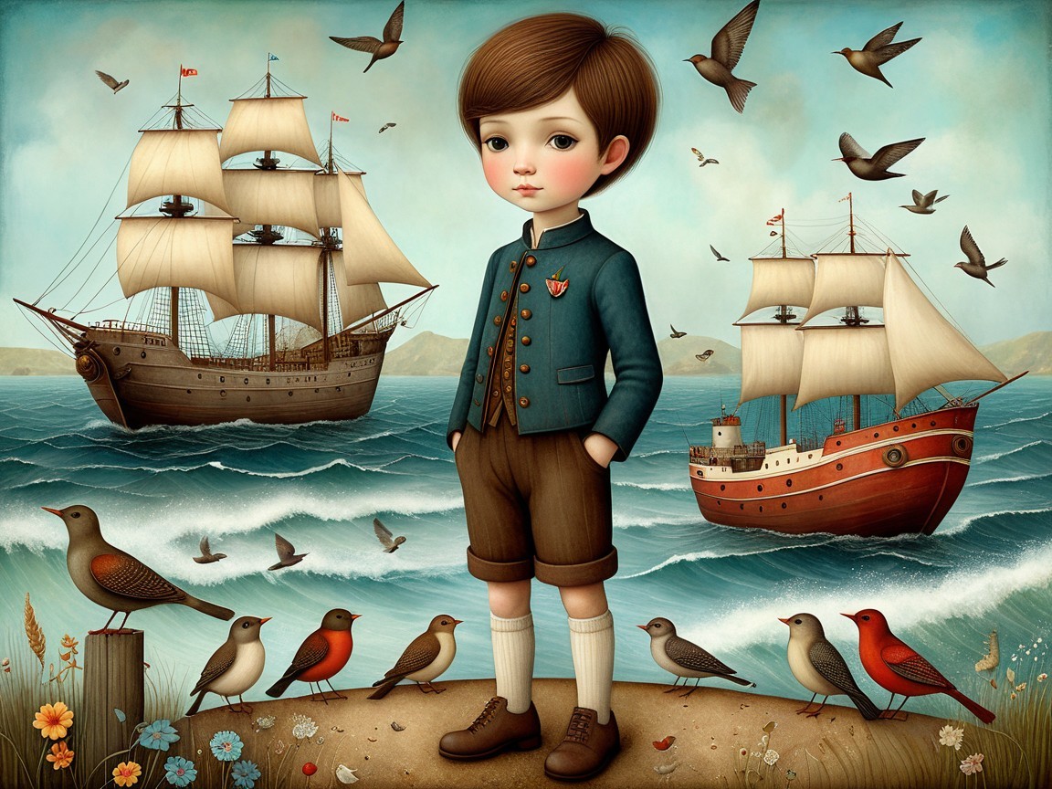 Young boy in blue jacket on shore with ships and birds