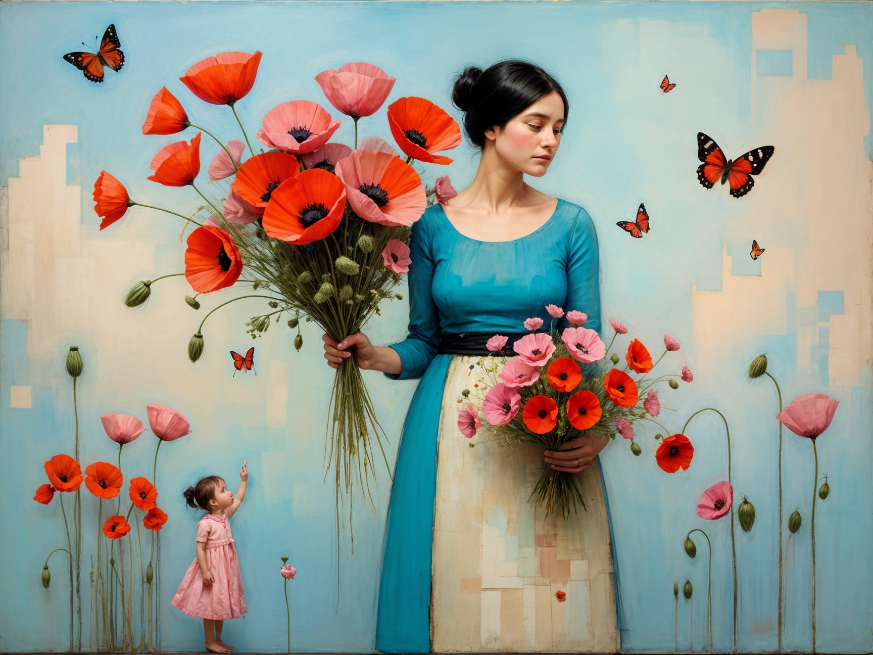 Woman in blue dress with vibrant flower bouquets