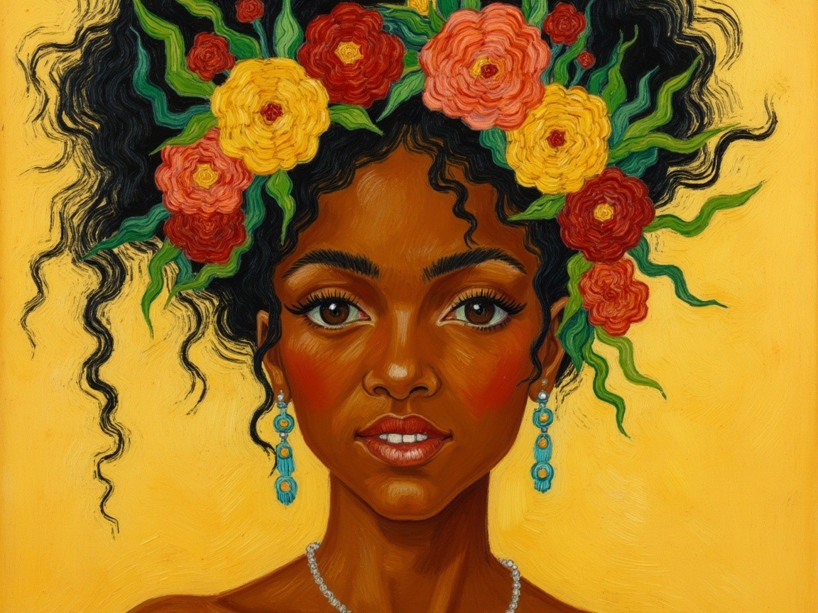 Portrait of a Young Woman with Flowers and Yellow Background