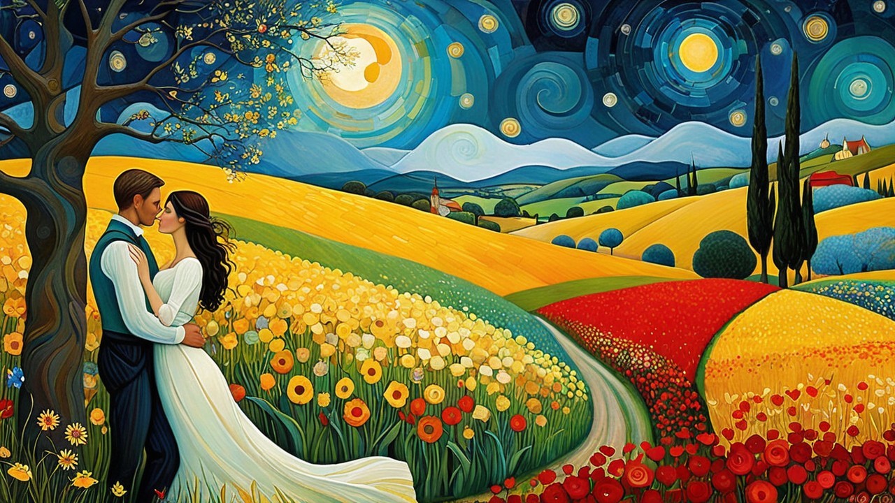 Couple Embracing in Colorful Flower Field Landscape
