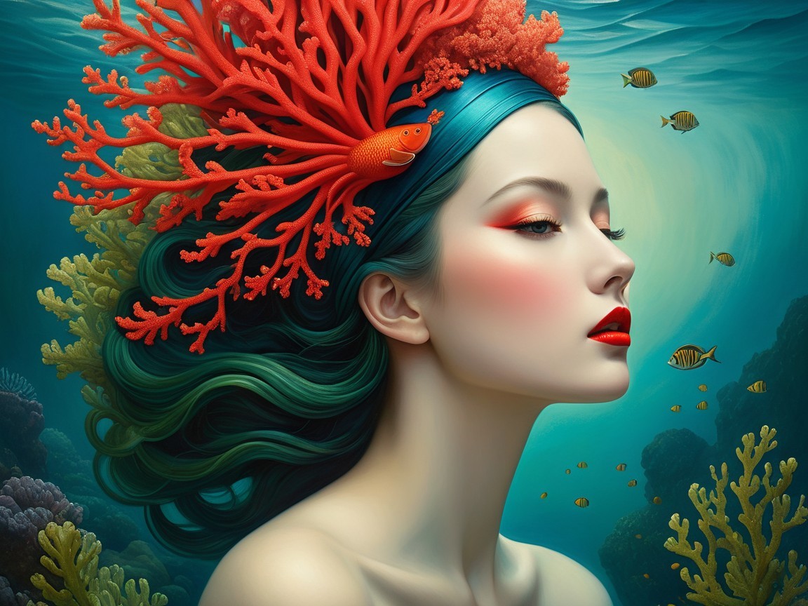 Underwater Scene with Woman and Colorful Marine Life