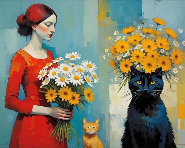 Woman in Red Dress with Cats and Colorful Background