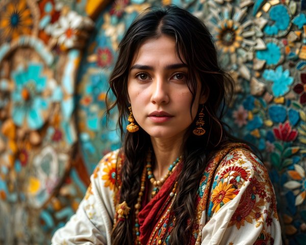 Young woman in colorful shawl with vibrant mosaics