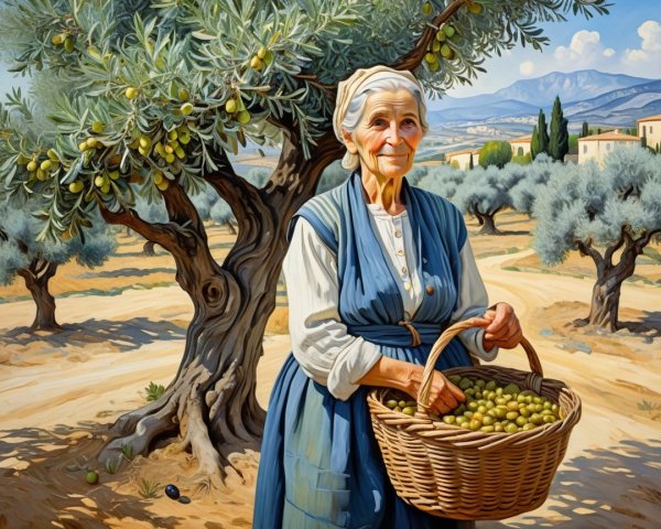 Elderly Woman with Olives Under Olive Tree